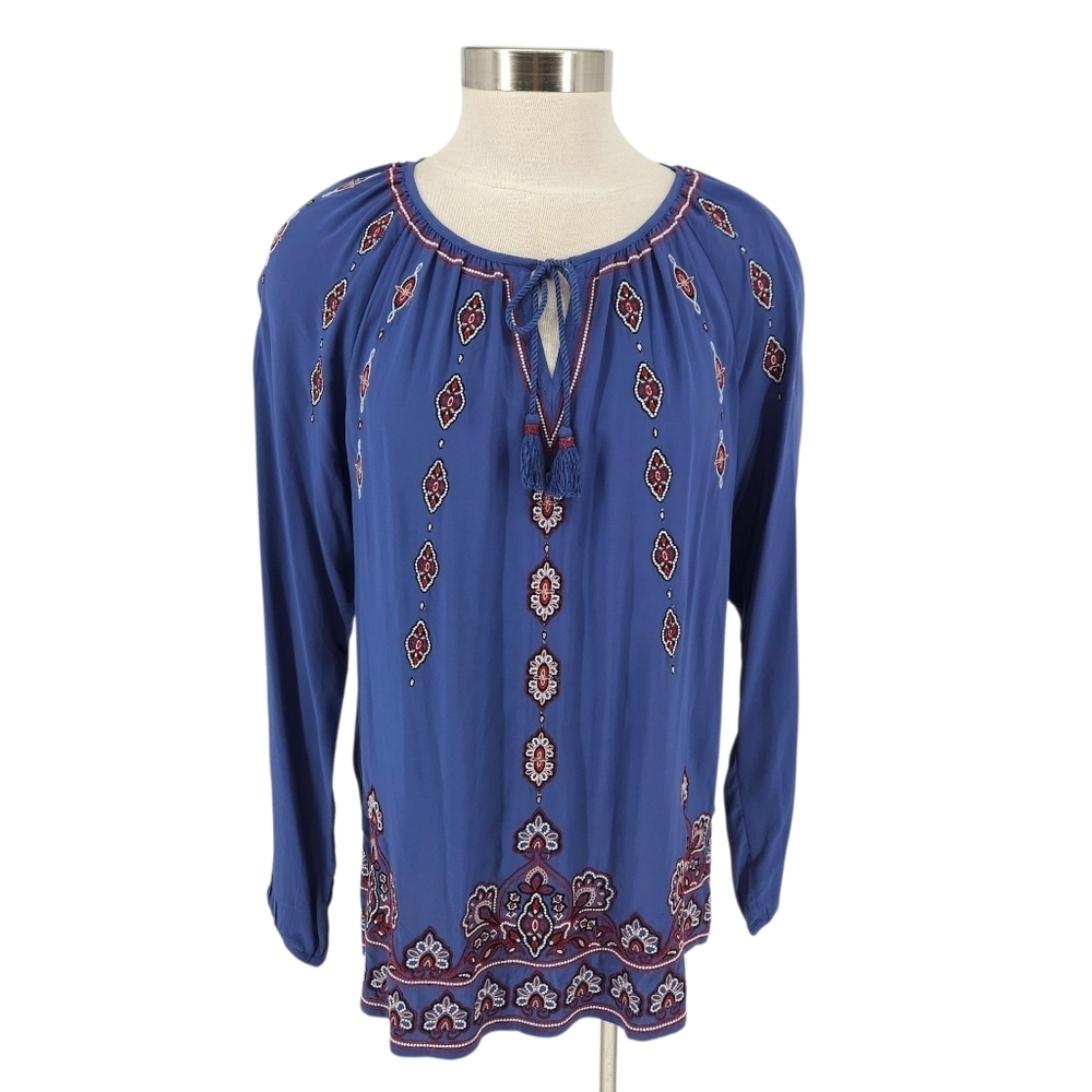 J. Jill Tunic Top Blue Embroidered Long Sleeve Keyhole Tassel Shirt Small